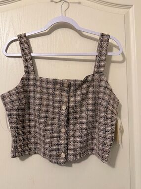 meraki Plaid Tweed Button-Front Crop Top in Beige and Black